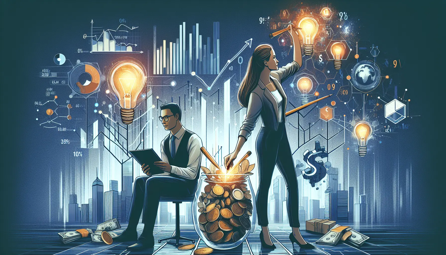 Concetto di diversificazione delle entrate con grafici finanziari e simboli di investimento.