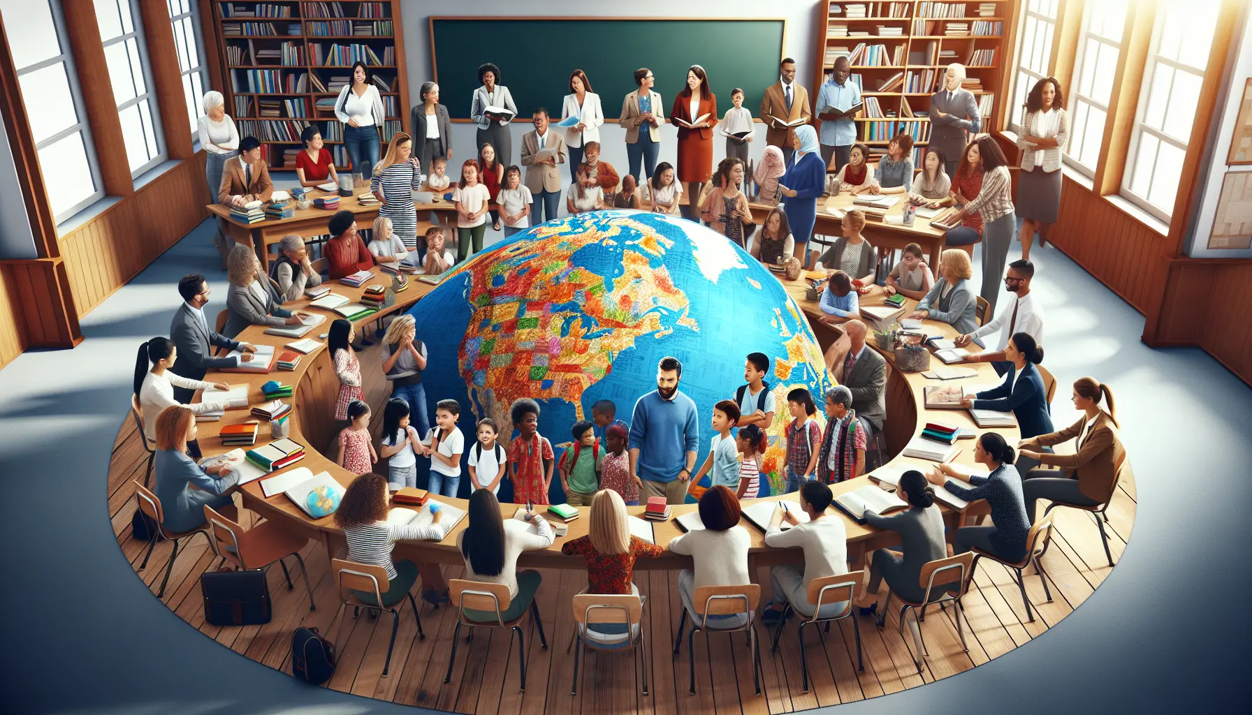 Insegnanti e studenti in un ambiente di apprendimento multiculturale, impegnati in attività che promuovono la diversità culturale.