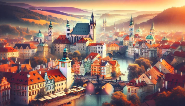 Vista panoramica del Castello di Praga con il fiume Moldava in primo piano e il cielo blu sopra.