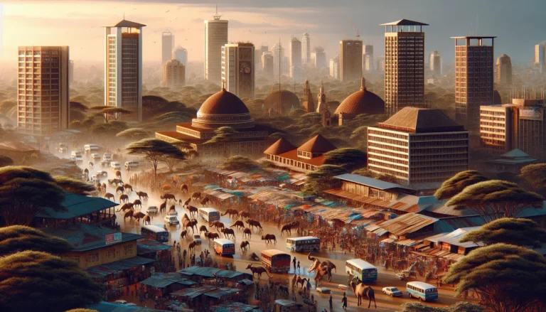 Vista panoramica del Nairobi National Park con giraffe e lo skyline della città sullo sfondo.