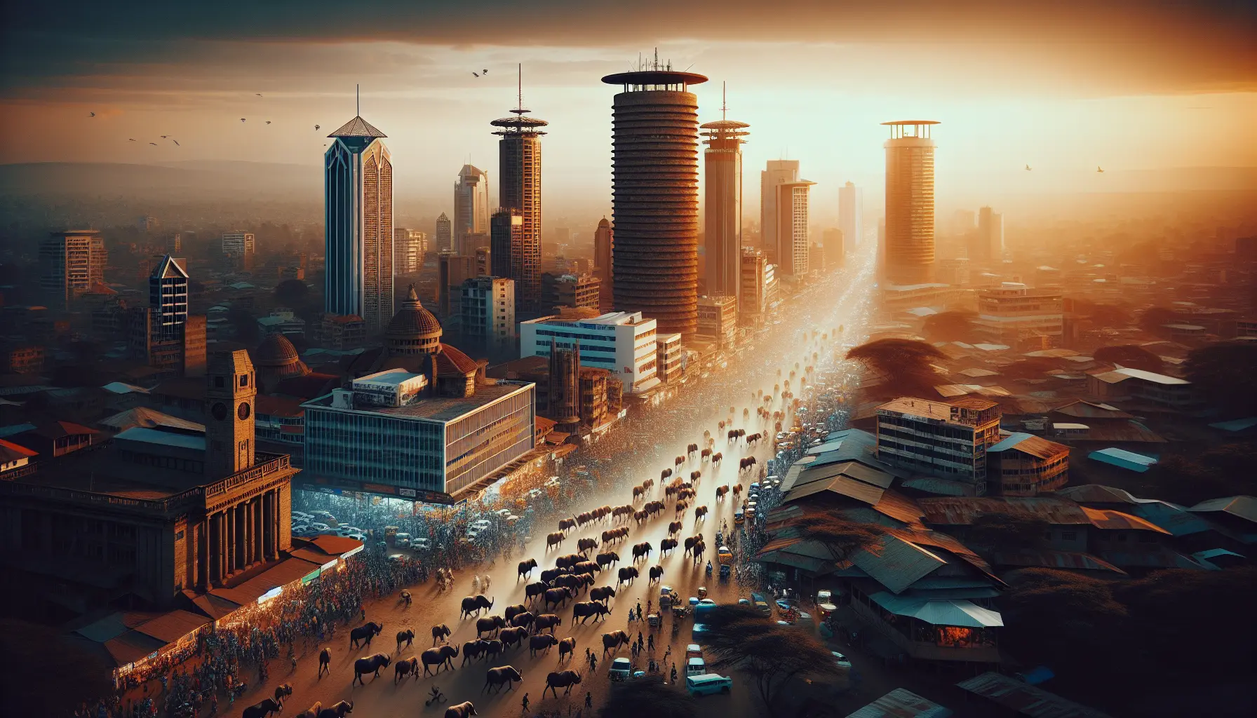 Panorama di Nairobi con skyline moderno e parco nazionale in primo piano