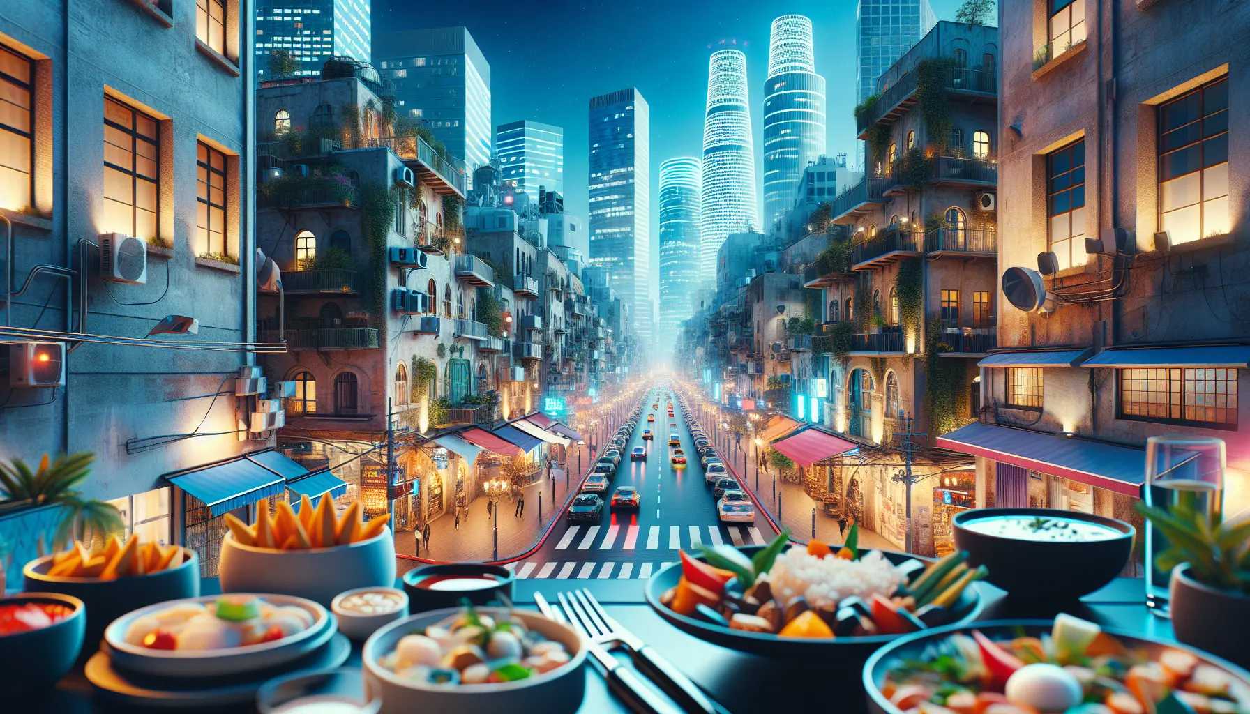 Vista panoramica di Tel Aviv con il mare Mediterraneo sullo sfondo e l'architettura Bauhaus in primo piano.