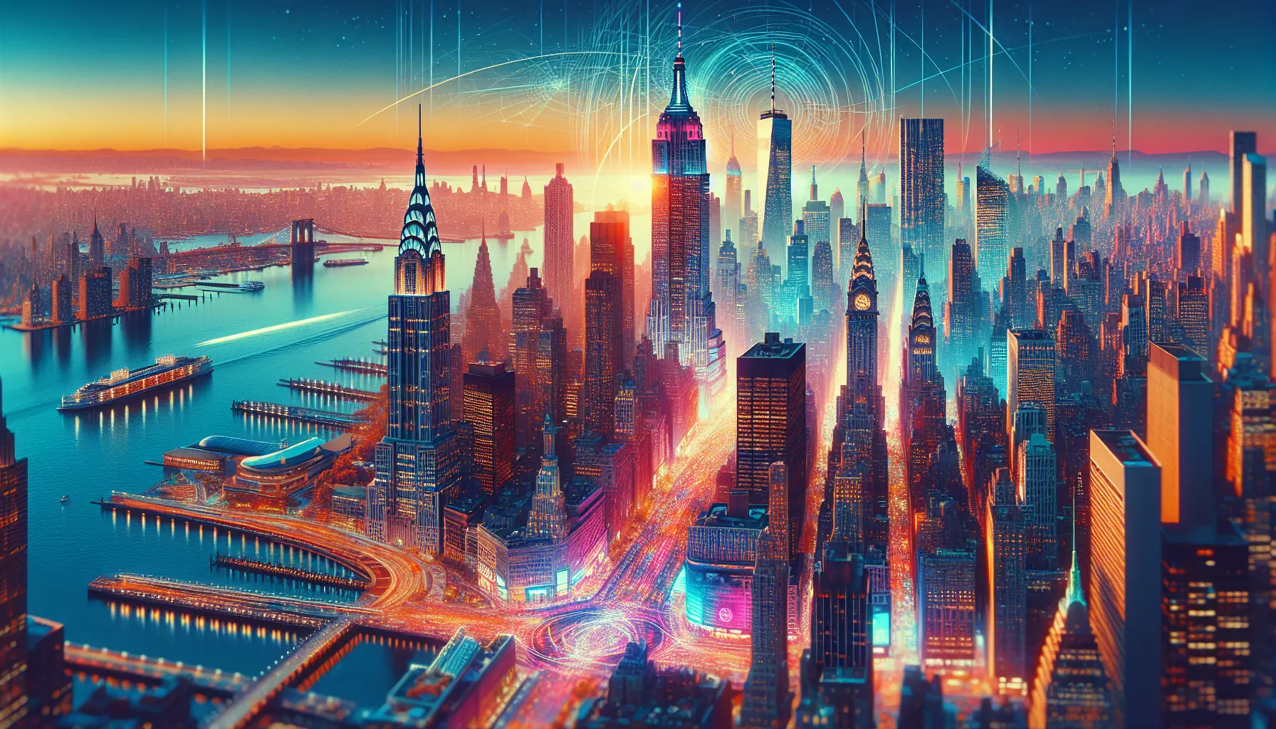 Panorama di New York con skyline e la Statua della Libertà in primo piano