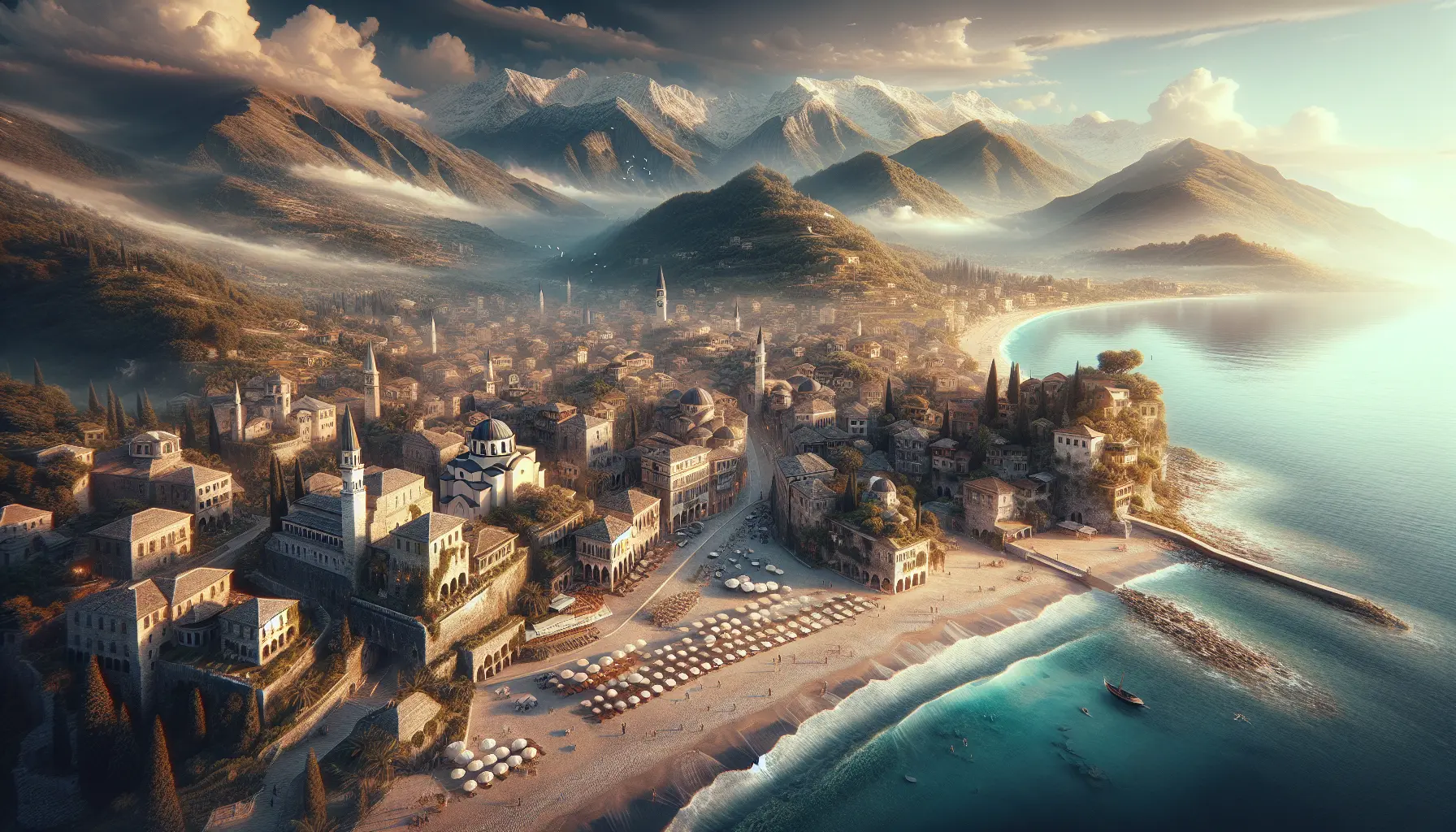 Panorama delle montagne albanesi con valli verdi e cieli blu