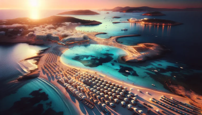 Spiaggia di Ibiza con acque cristalline e scogliere a picco sul mare