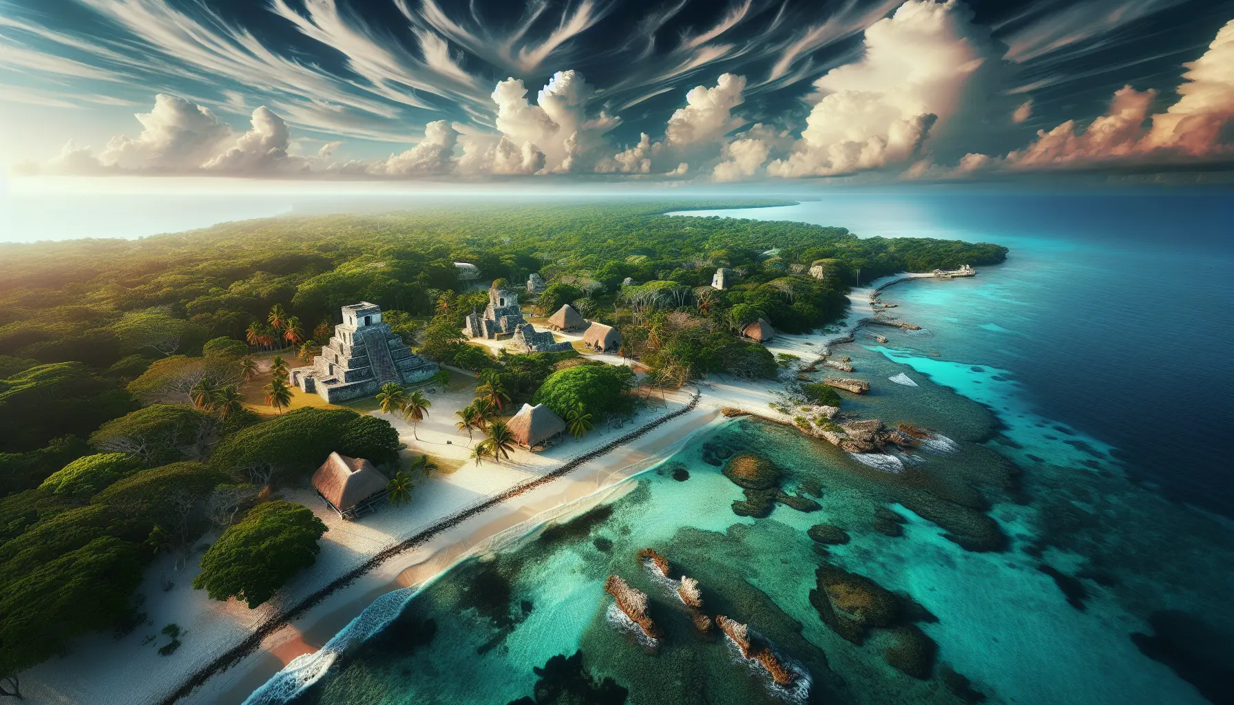 Vista panoramica della barriera corallina del Belize con acque cristalline e vegetazione tropicale