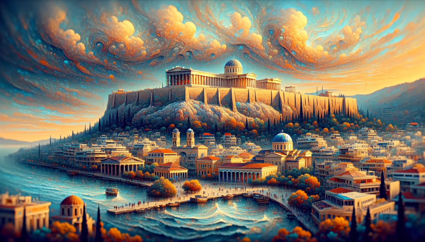 Vista panoramica dell'Acropoli con il Partenone che svetta sopra Atene, incorniciato da un cielo blu e attorno a edifici storici e moderni.