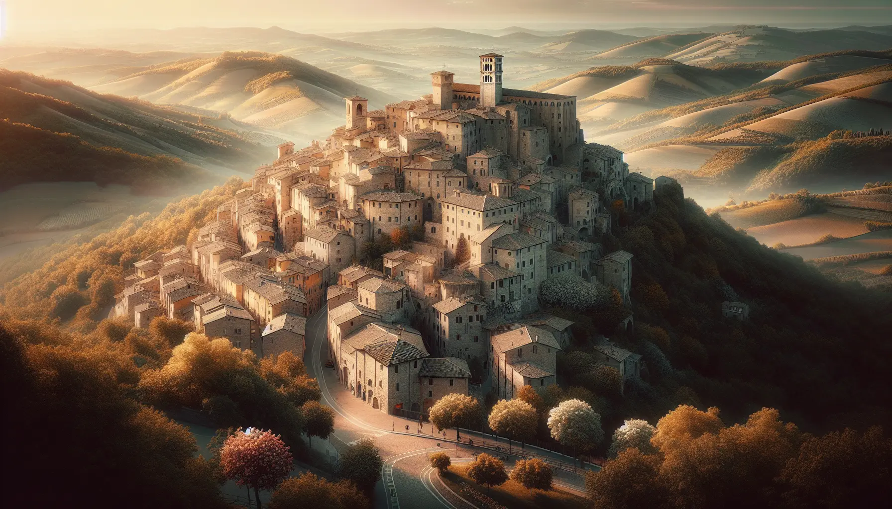 Panorama di Città di Castello con colline verdi e architettura storica