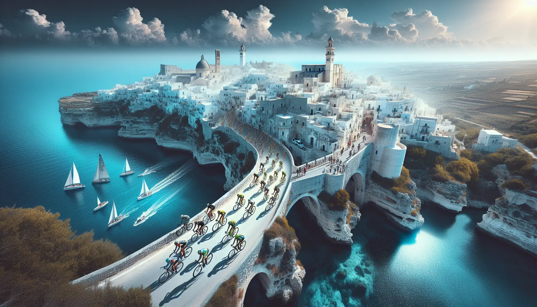 Un ciclista che percorre un sentiero panoramico in Puglia, circondato da paesaggi mozzafiato.