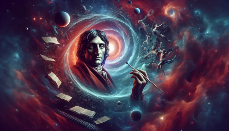 Ritratto di Giordano Bruno con uno sfondo che rappresenta l'universo infinito.