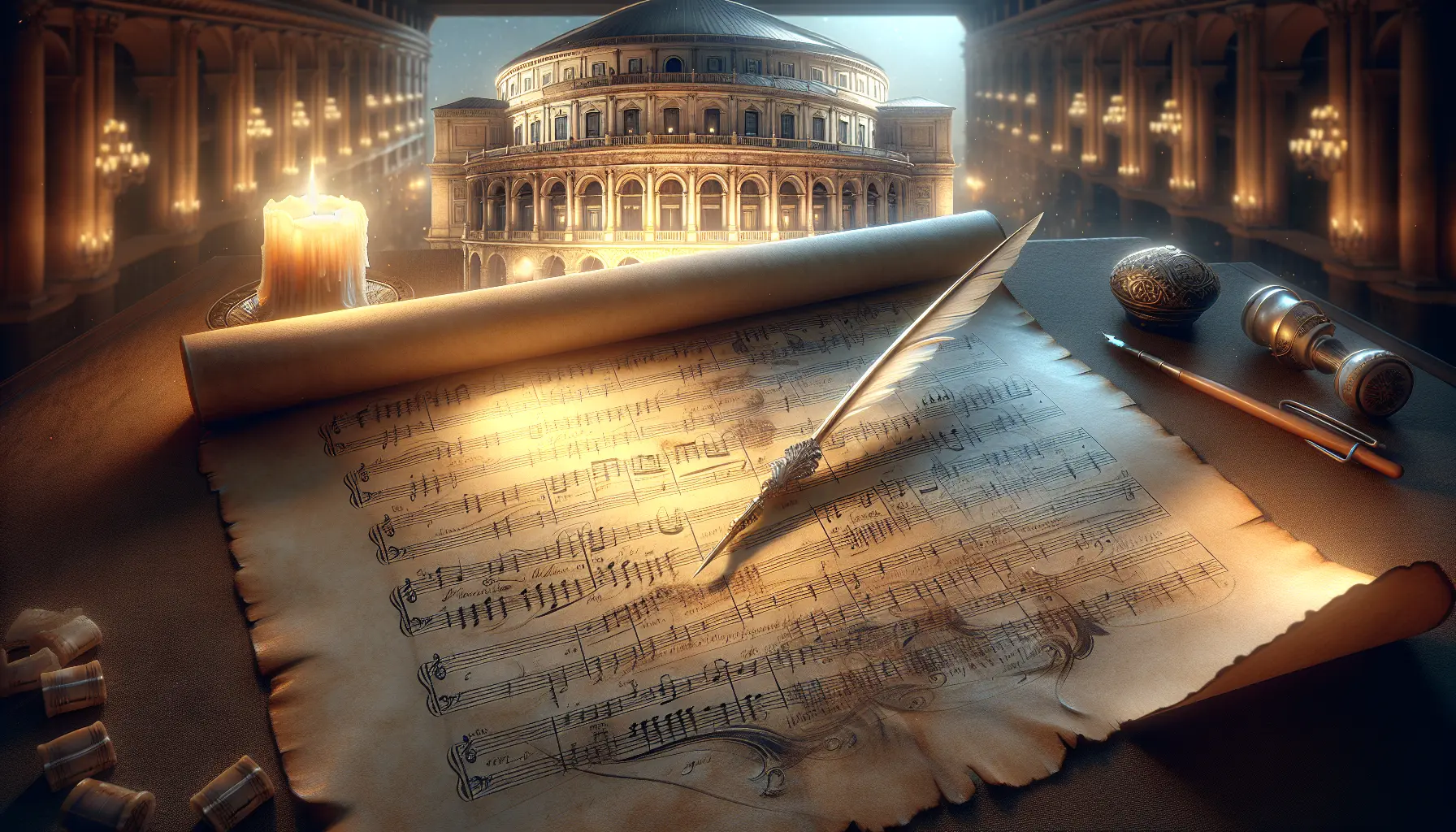Ritratto di Giovanni Paisiello, compositore italiano del Classicismo, circondato da spartiti musicali e strumenti musicali.