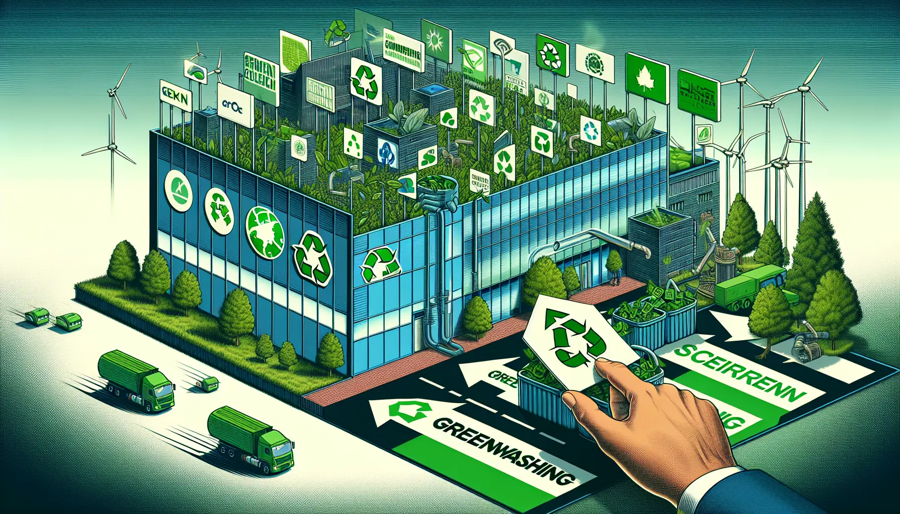 Un'immagine che rappresenta il concetto di greenwashing, con prodotti ecologici e pratiche aziendali sostenibili.