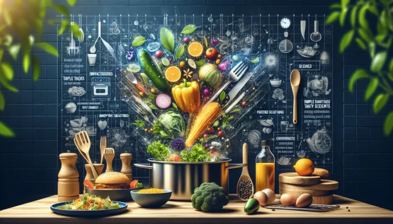 Un tavolo da cucina con ingredienti freschi e piatti preparati per ridurre gli sprechi alimentari.