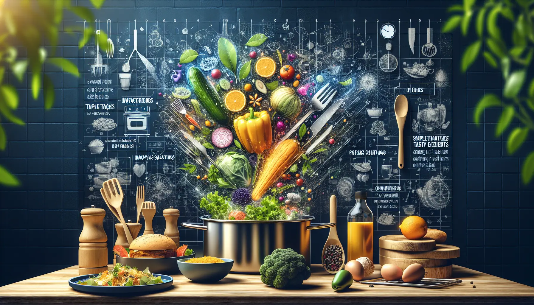 Un tavolo da cucina con ingredienti freschi e piatti preparati per ridurre gli sprechi alimentari.
