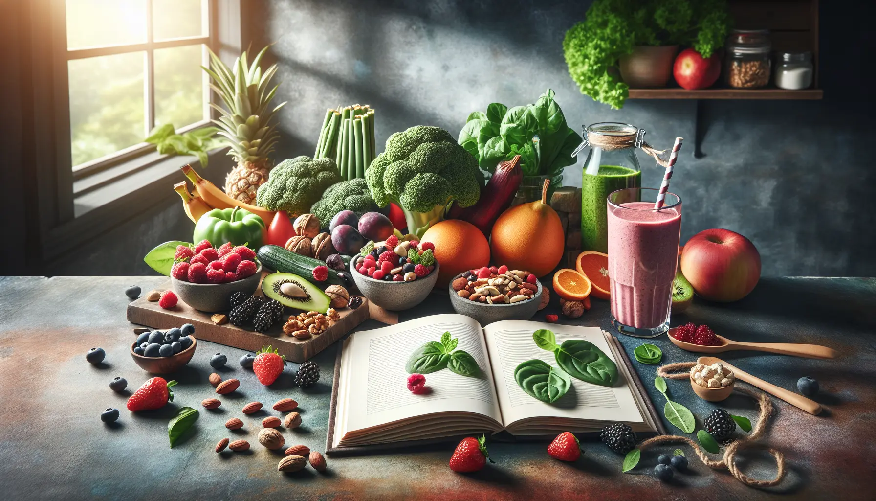 Un assortimento di superfood come semi di chia, frutti di bosco e avocado su un tavolo di legno