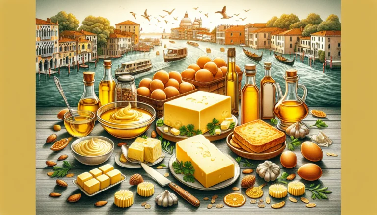 Un barattolo di burro chiarificato con un cucchiaio di legno, circondato da ingredienti naturali.