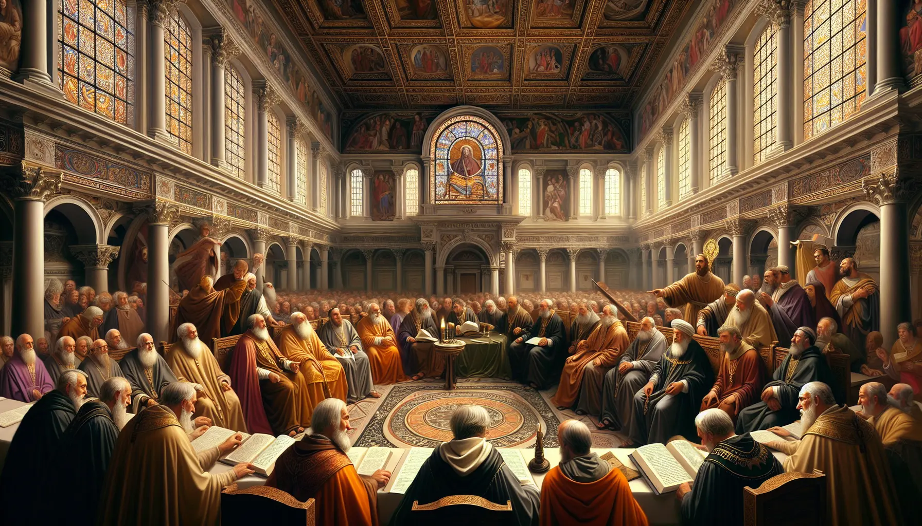 Rappresentazione artistica del Concilio di Nicea, con vescovi e l'imperatore Costantino in un ambiente storico.