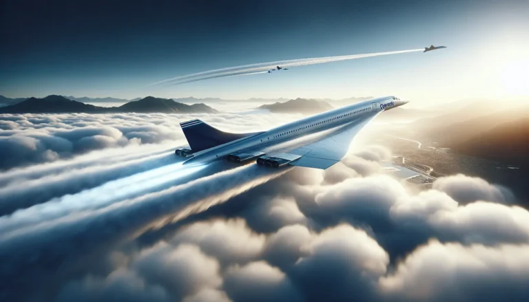 Un Concorde in volo sopra un paesaggio urbano, simbolo di innovazione e velocità supersonica.