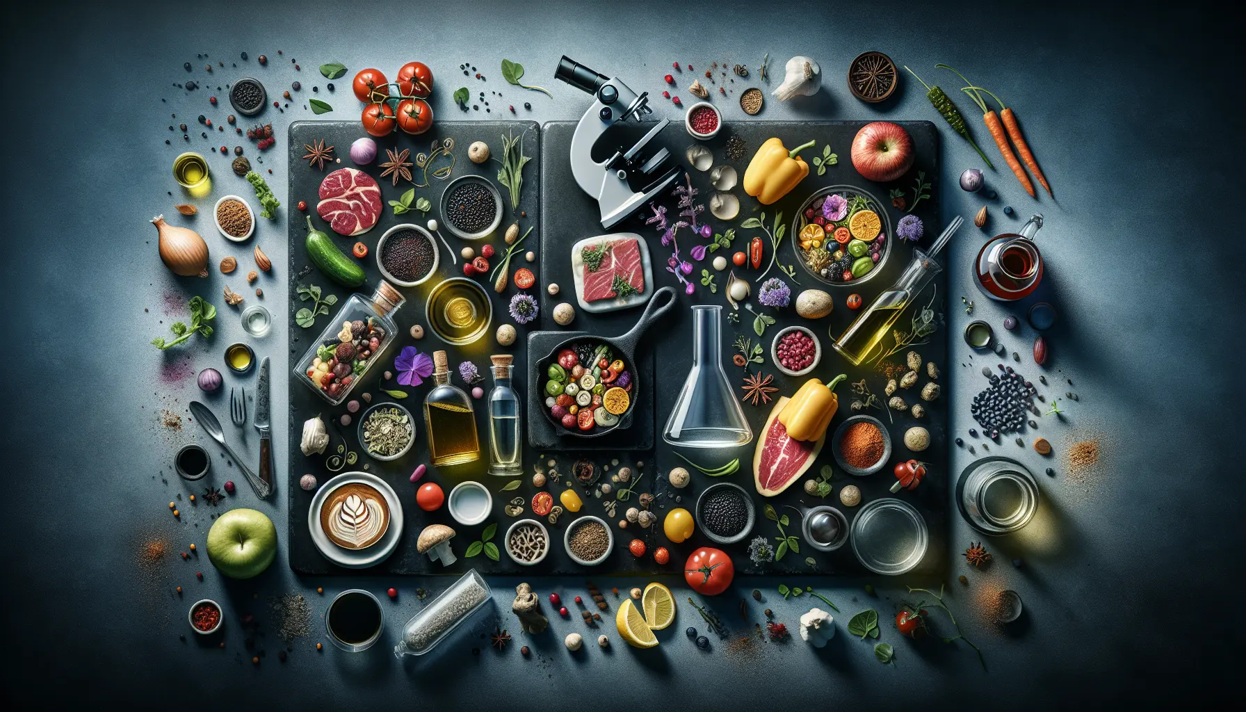 Composizione di ingredienti freschi e colorati per illustrare il food pairing e le combinazioni di sapori.