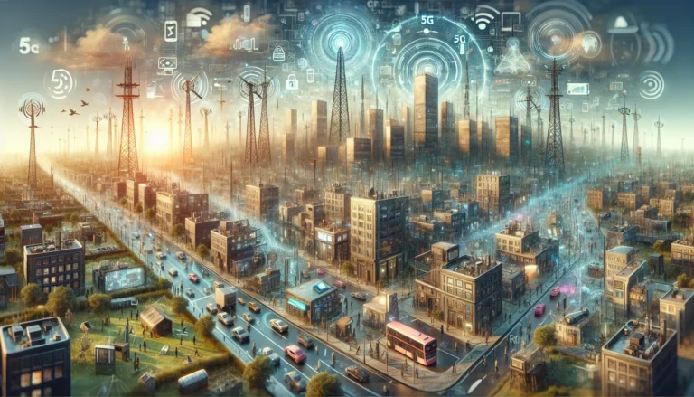 Illustrazione futuristica di una città connessa e tecnologie 5G integrate in ogni aspetto della vita quotidiana.