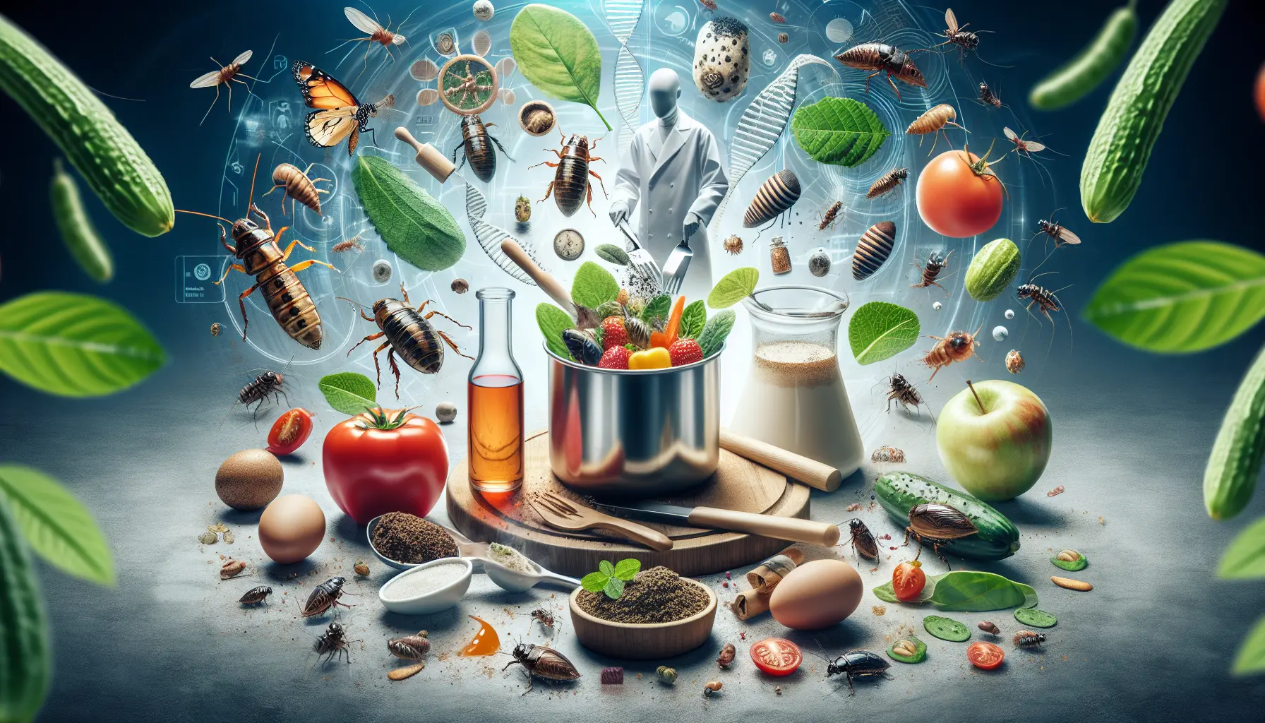 Un piatto colorato con insalata e grilli tostati, rappresentando l'innovazione culinaria con insetti commestibili.