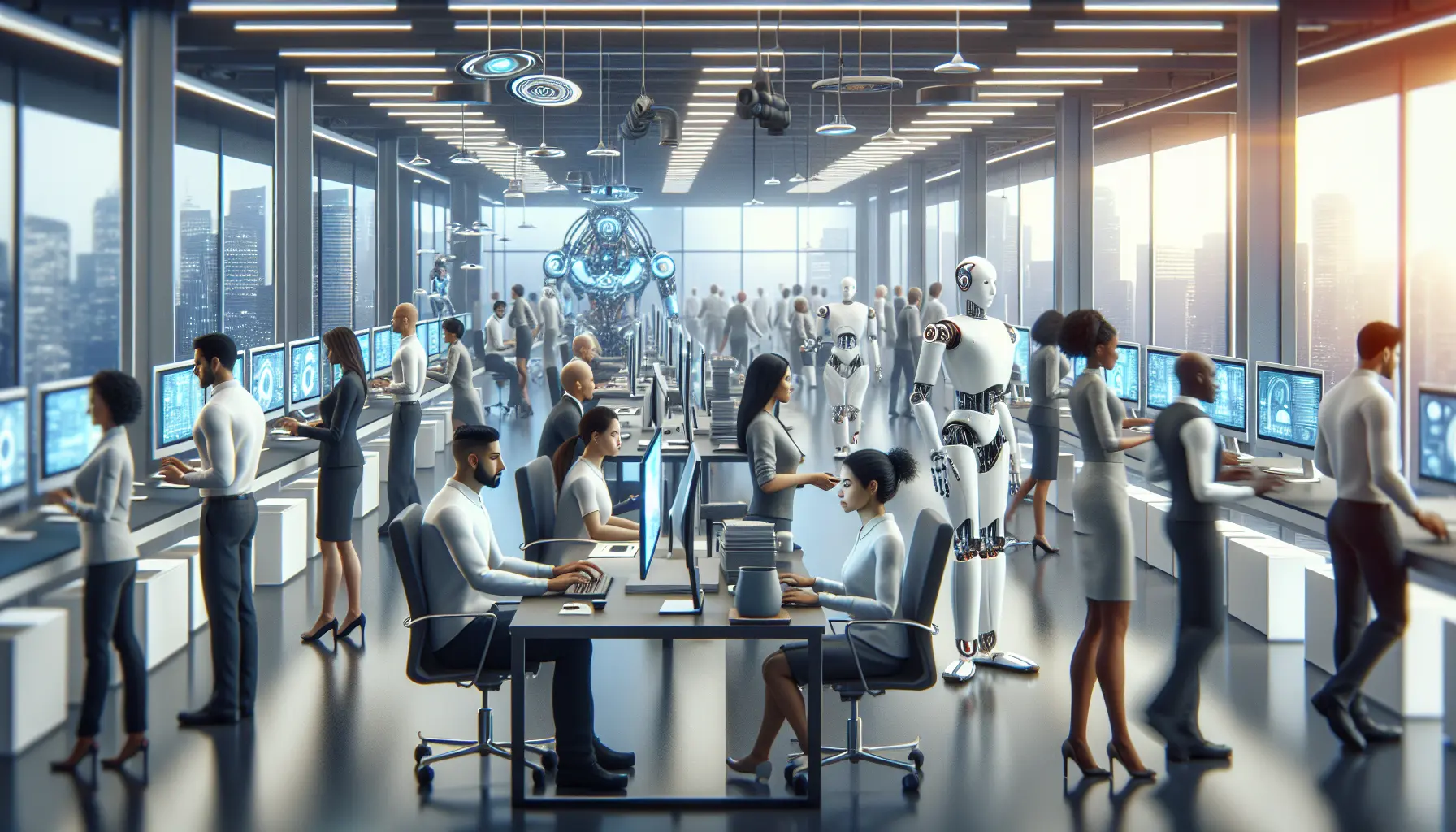 Un'immagine che rappresenta l'automazione nel lavoro, con robot e tecnologia avanzata in un ambiente di lavoro moderno.