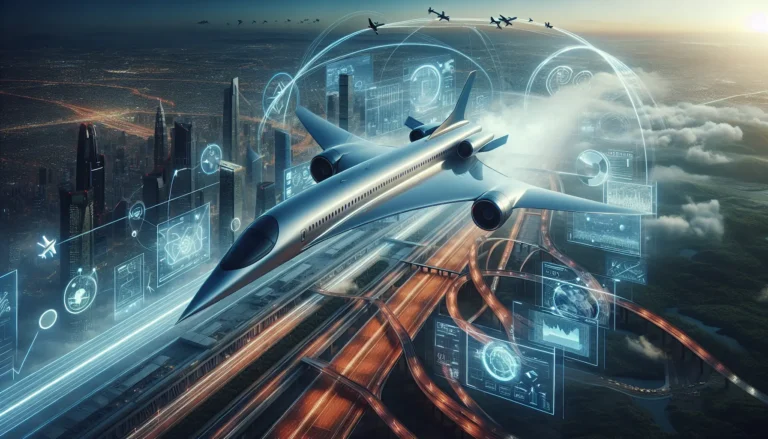 Aereo supersonico in volo sopra le nuvole con un cielo blu intenso.