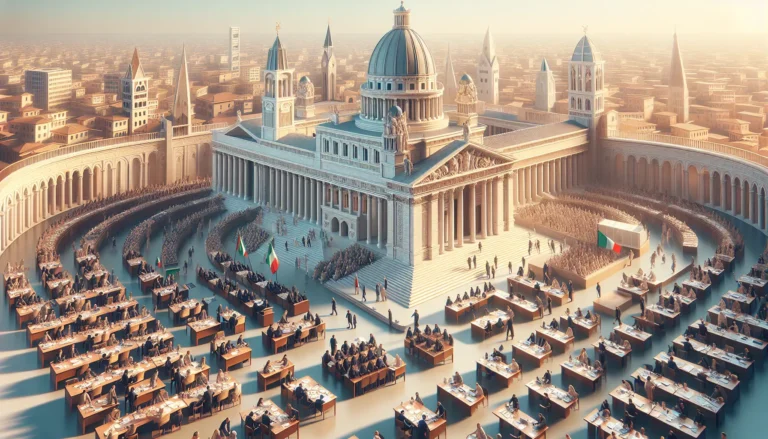 Rappresentazione del Governo della Repubblica Italiana con simboli della democrazia e della partecipazione civica.