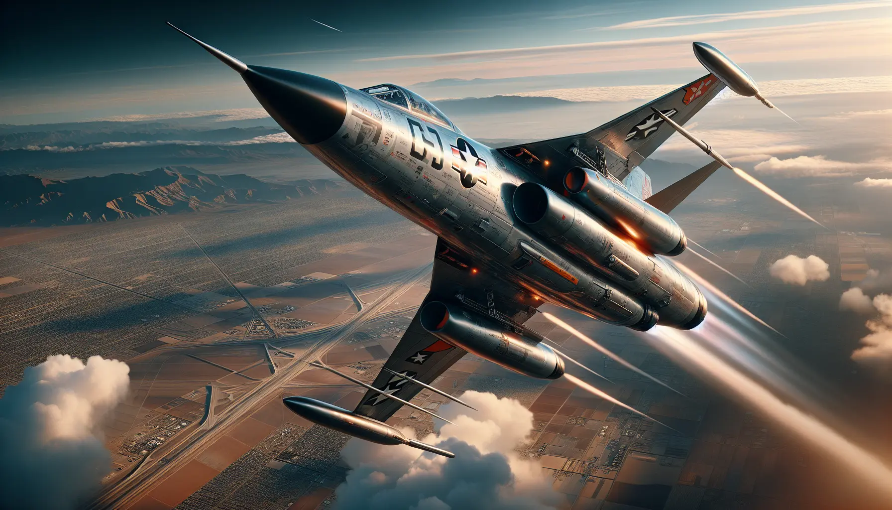 Un Lockheed F-104 Starfighter in volo, evidenziando il suo design aerodinamico e le sue prestazioni superiori.