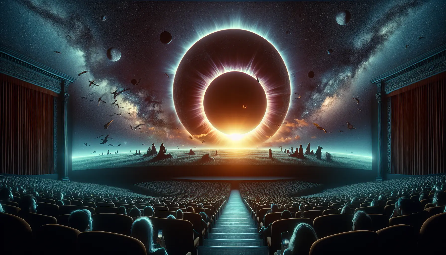 Un'eclissi solare totale che oscura il sole, creando un'anima di ombra e luce nel cielo blu.