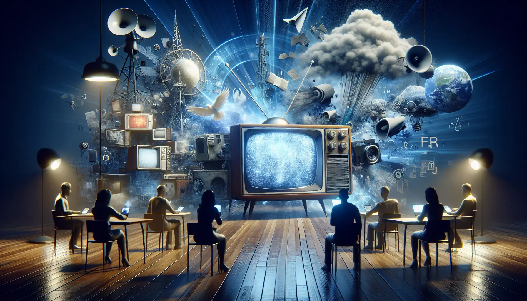 Un collage di vari mezzi di comunicazione moderni, tra cui smartphone, computer e social media, che rappresentano l'influenza dei media sulla società.