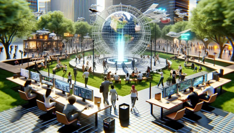 Un ambiente virtuale che rappresenta il concetto di metaverso, con avatar che interagiscono tra loro in uno spazio digitale.