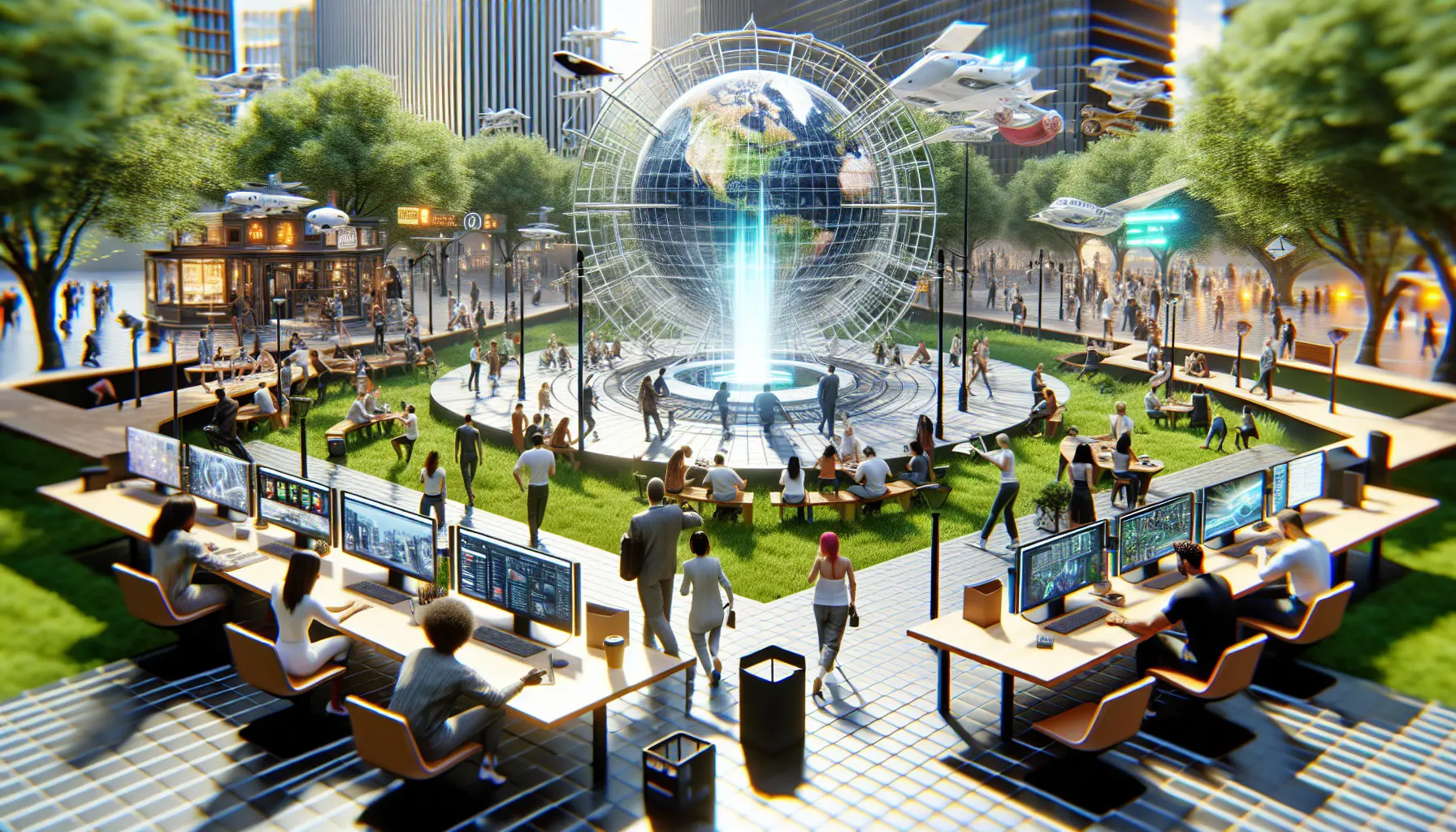 Un ambiente virtuale che rappresenta il concetto di metaverso, con avatar che interagiscono tra loro in uno spazio digitale.