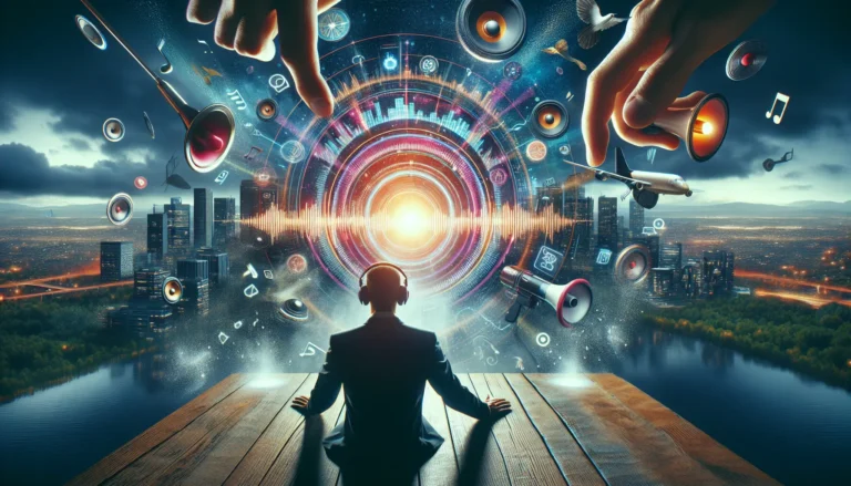 Un collage di suoni iconici che rappresentano diversi brand, come note musicali e loghi, per illustrare il concetto di sound branding.