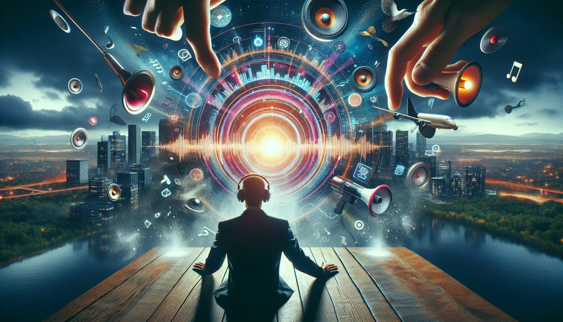 Un collage di suoni iconici che rappresentano diversi brand, come note musicali e loghi, per illustrare il concetto di sound branding.