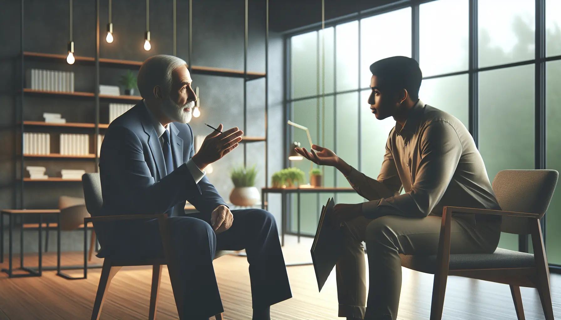 Un mentore e un mentee in una conversazione costruttiva, simboleggiando la crescita personale e professionale