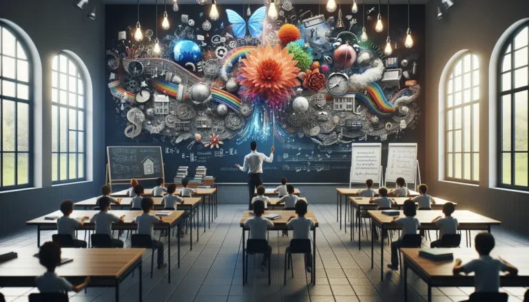 Un insegnante racconta una storia coinvolgente alla sua classe, mentre gli studenti ascoltano attentamente.