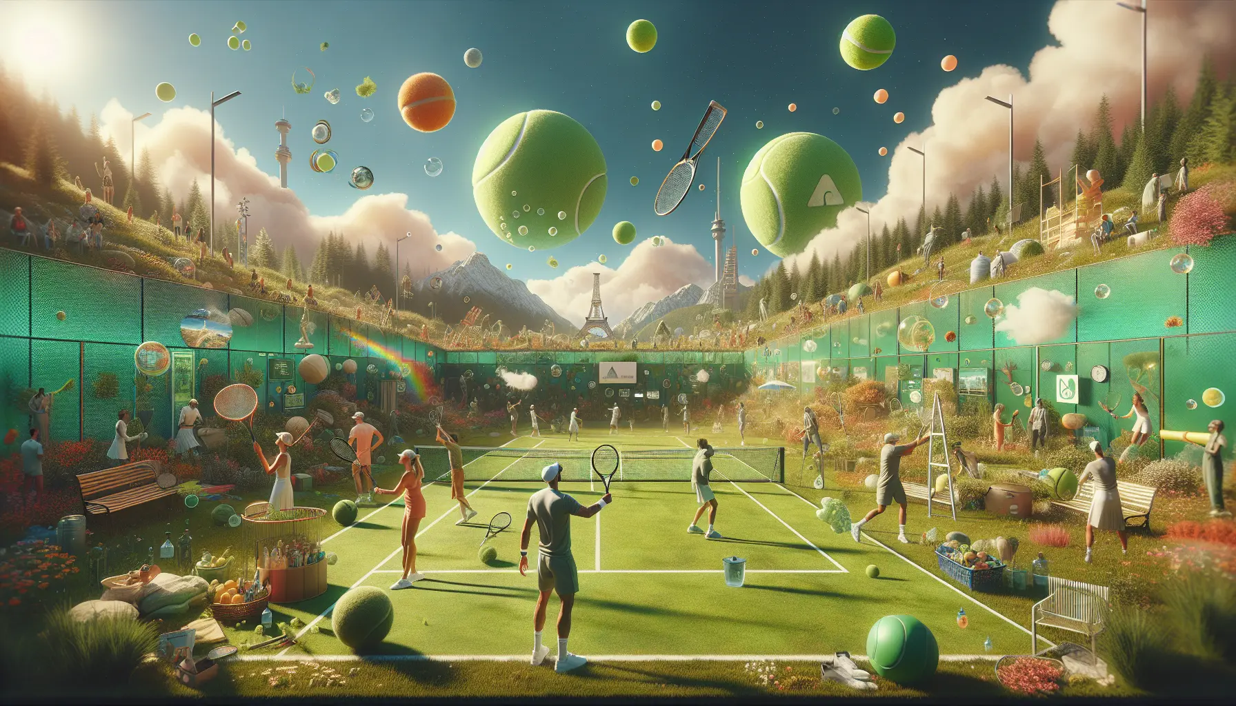 Un campo da tennis con elementi naturali circostanti, simbolo di sostenibilità e rispetto per l'ambiente.