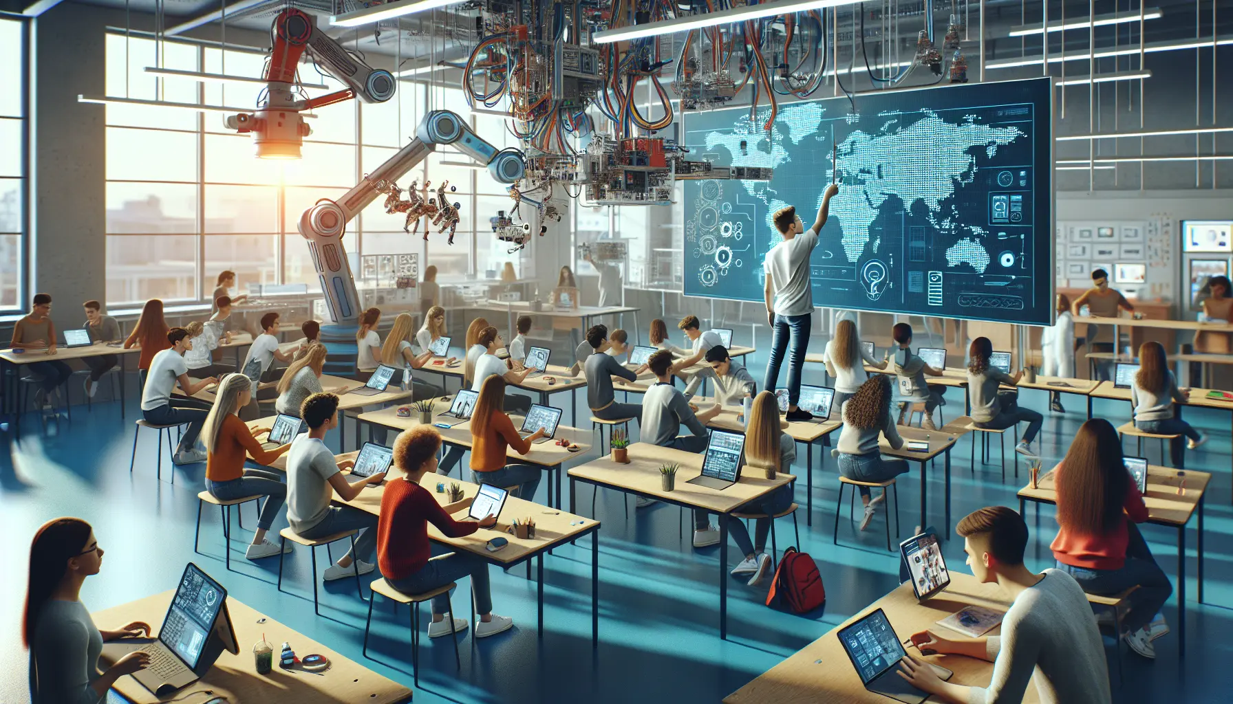 Un gruppo di studenti impegnati in un'attività pratica in aula, utilizzando strumenti tecnologici per apprendere in modo interattivo.