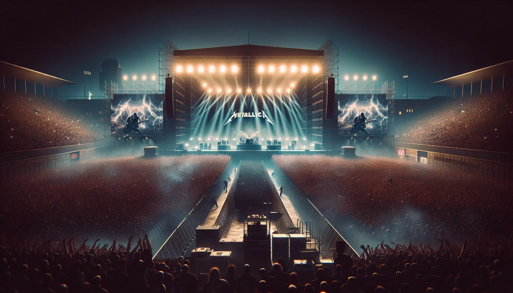 Un'immagine di un concerto rock con una folla entusiasta e luci colorate che illuminano il palco.