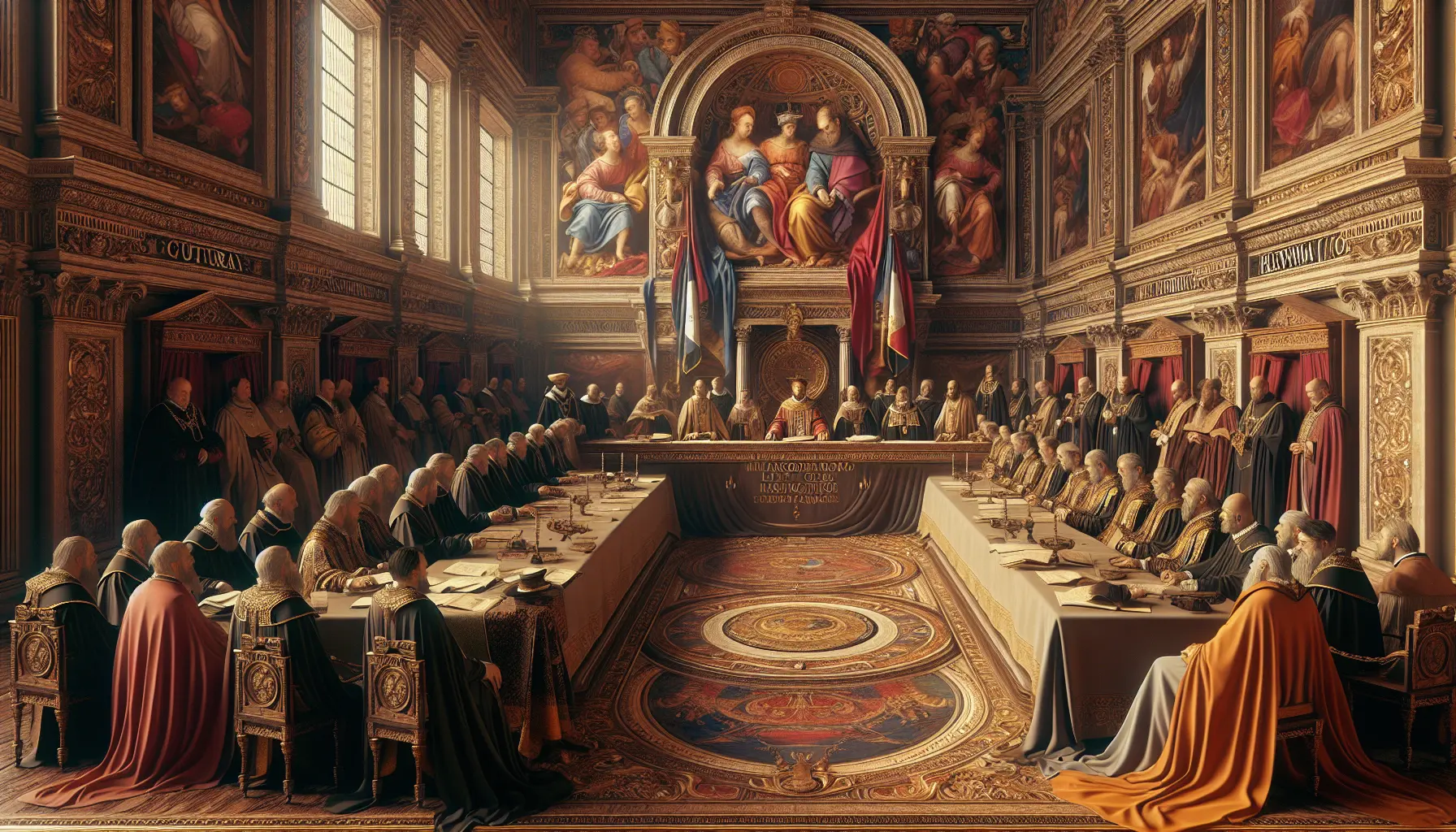 Ritratto di Papa Alessandro VI con elementi del Rinascimento che evocano arte e cultura.