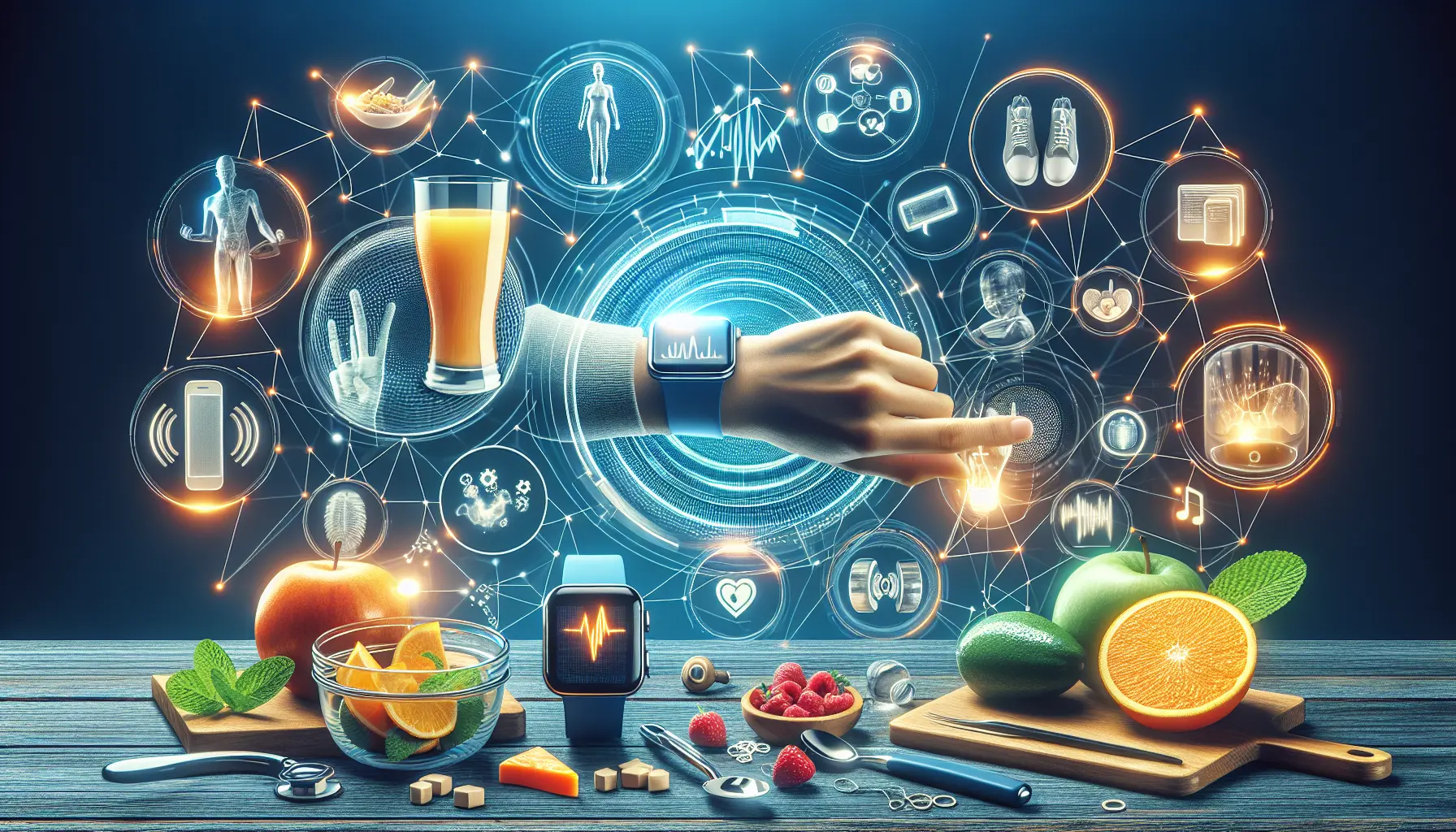 Un collage di dispositivi indossabili, app di salute mentale e persone che si allenano a casa.