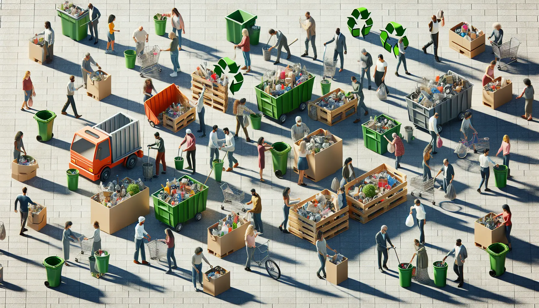 Raccolta differenziata di rifiuti in contenitori colorati per promuovere il riciclo e il riutilizzo nella vita quotidiana.