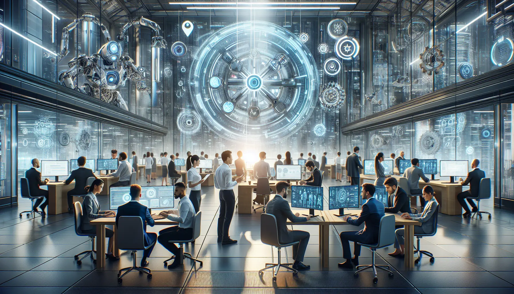 Un ufficio moderno con tecnologia avanzata e robot che assistono i lavoratori.