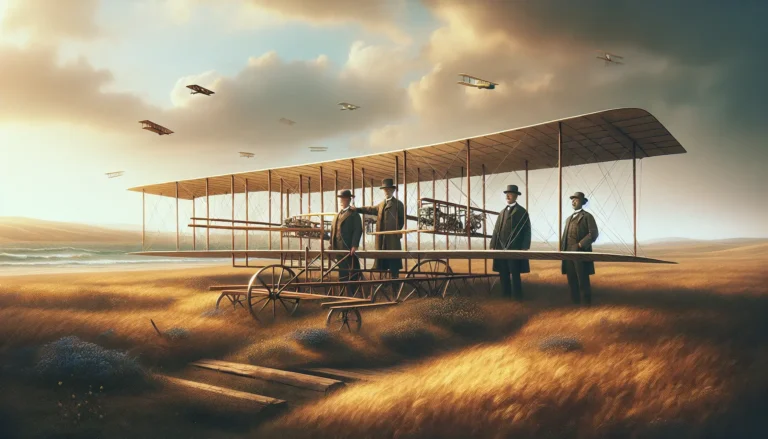Un immagine storica del primo volo dei fratelli Wright con il Flyer che solca i cieli.