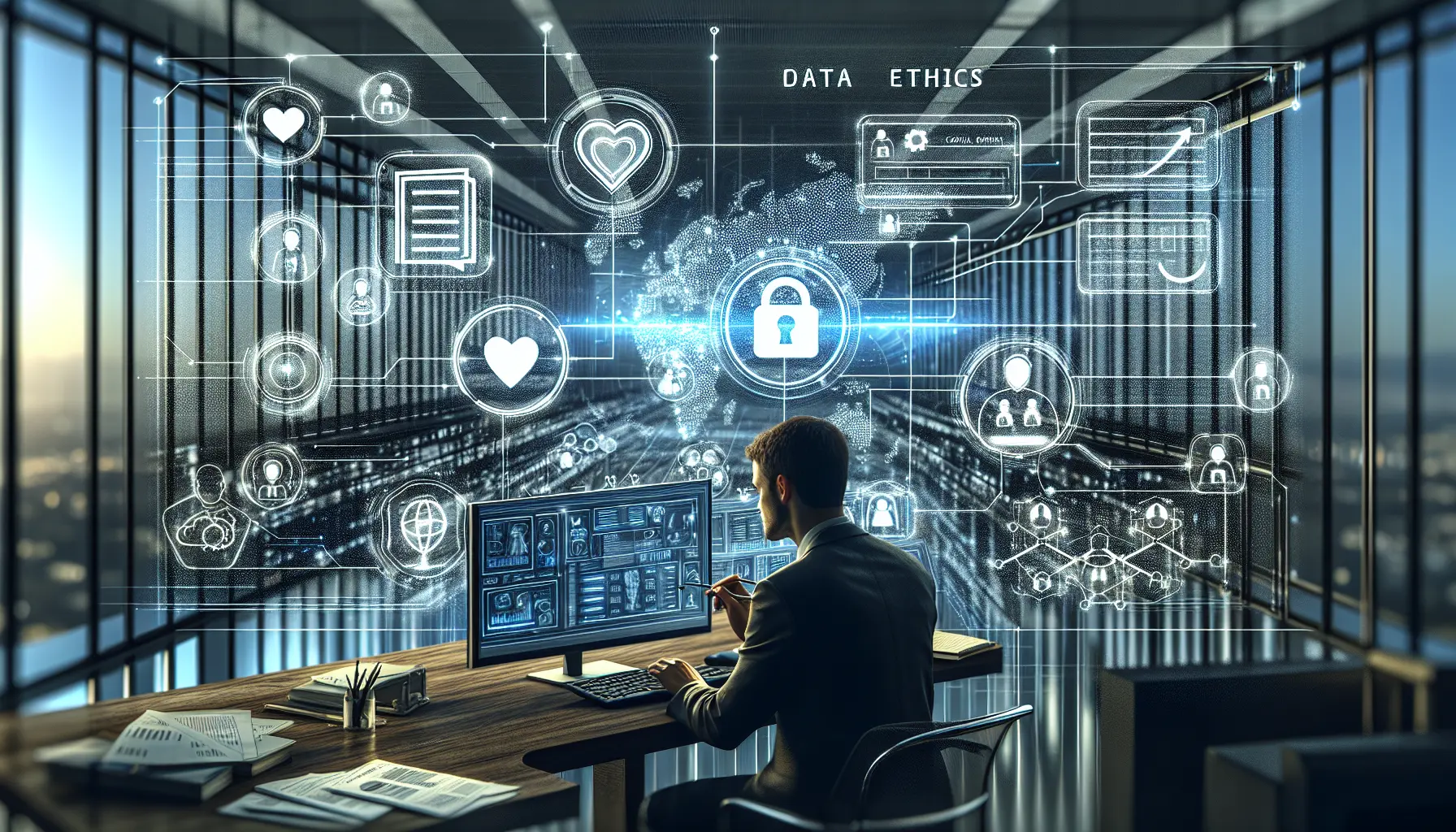 Concetti di etica e tecnologia rappresentati con simboli di dati e sicurezza.
