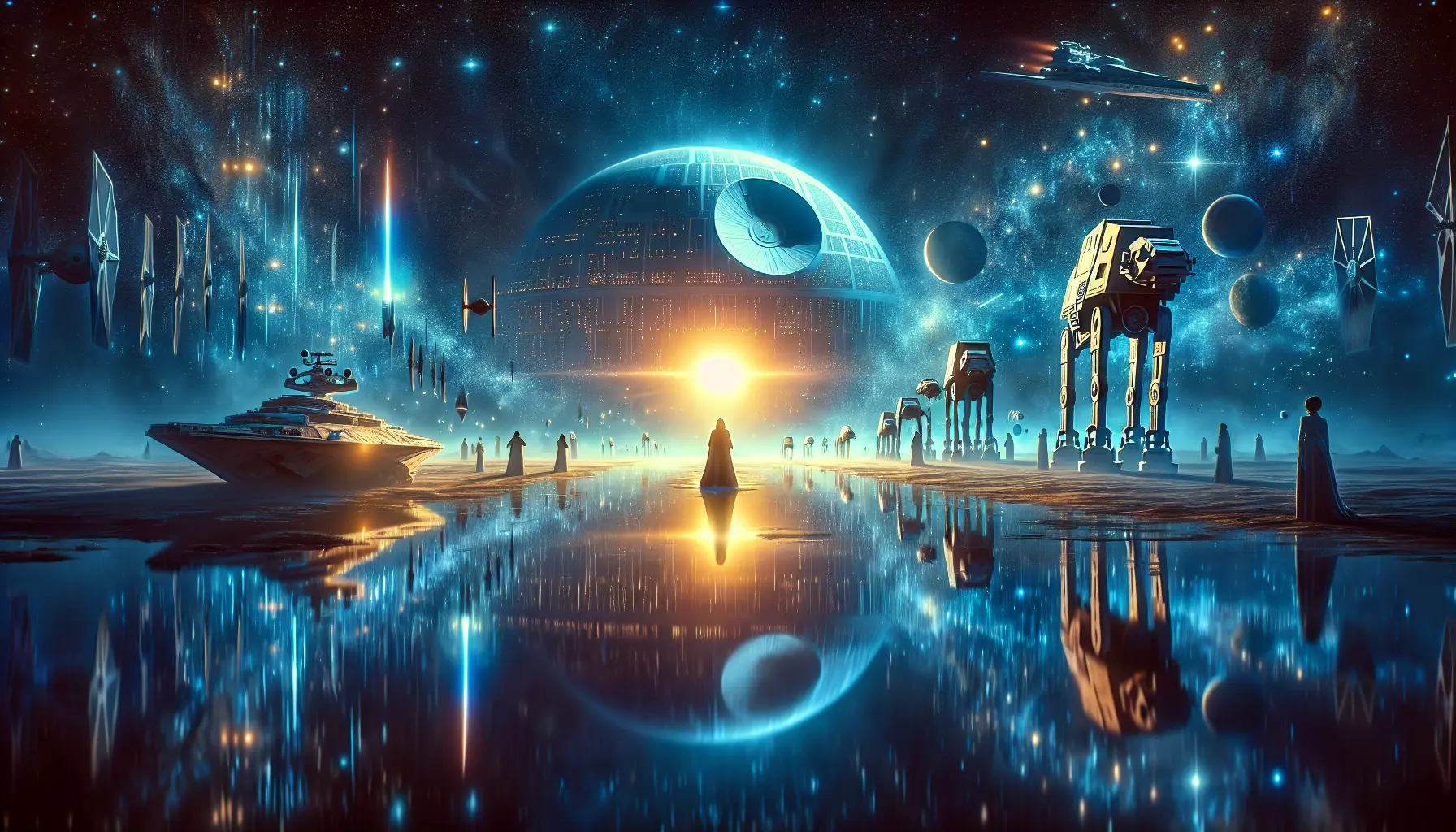 Un'immagine iconica di Star Wars con spade laser e astronavi che rappresentano l'universo epico della saga