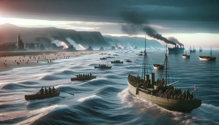 Rappresentazione della Battaglia di Dunkerque con soldati in ritirata e navi civili che li evacuano.