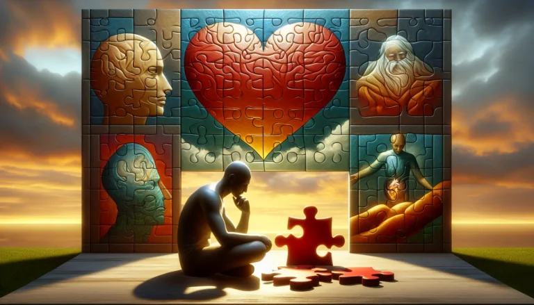 Un'immagine che rappresenta la congruenza interiore, con una persona che riflette serenamente su se stessa in un ambiente naturale.