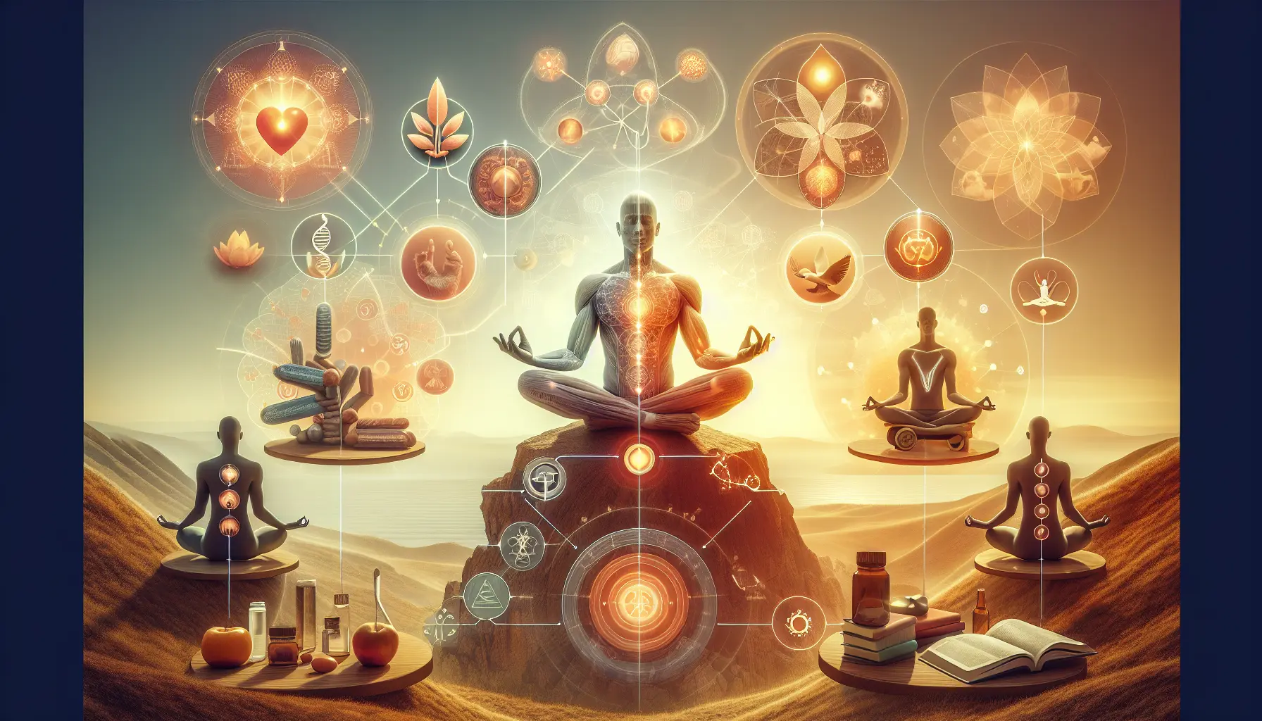 Una persona in meditazione in un ambiente tranquillo, circondata dalla natura, che simboleggia la ricerca di pace interiore e benessere.